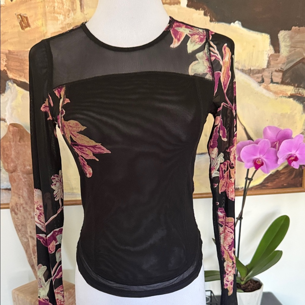 NWT Free People Black Sheer Mesh Long-Sleeve Top with Pink Floral Print